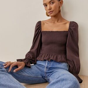 Reformation Darby Top in Cafe Brown Tan Peplum Top Puff Sleeves Ruffle
